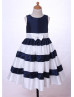 Navy Blue And Ivory Striped Taffeta Timeless Flower Girl Dress
